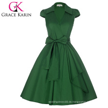 Grace Karin Cap Ärmel Reverskragen V-Ausschnitt Retro Vintage High-Stretchy Grünes Kleid CL008953-6